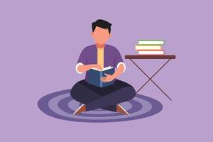 Character flat drawing of young male reading, learning and sitting on the floor. Pile of books on table. Study in library. Intelligent student, education, book fair. Cartoon design vector illustration