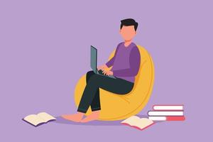 Graphic flat design drawing businessman or designer or programmer or freelancer sitting on comfy couch while typing on laptop. Remote worker. Student at online education. Cartoon vector illustration