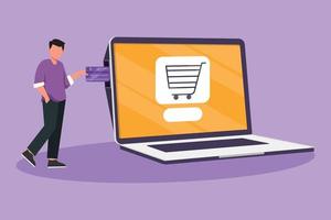 Character flat drawing attractive man inserting credit card into large laptop screen with shopping cart inside. E-commerce, digital payment and online store concept. Cartoon design vector illustration