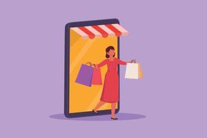 Cartoon flat style drawing young woman coming out of canopy smartphone screen holding shopping bags. Sale, digital lifestyle, consumerism. Online store technology. Graphic design vector illustration