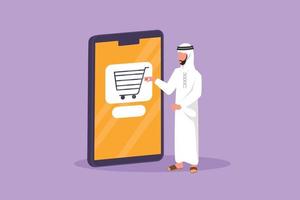 Cartoon flat style drawing Arab man standing and buying online via giant smartphone screen with shopping cart inside. Sale, digital lifestyle, consumerism concept. Graphic design vector illustration