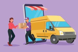 Graphic flat design drawing delivery box car comes out from big smartphone screen and male courier gives package box to female customer. Online store transportation. Cartoon style vector illustration