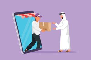 Graphic flat design drawing male courier comes out of canopy smartphone screen and give package box to Arabian man customer. Fast respond at online delivery metaphor. Cartoon style vector illustration