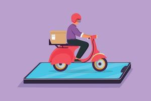 Cartoon flat style drawing male courier deliver packages using scooter and ride on smartphone screen. E-commerce. Fast delivery parcel. Online store transportation. Graphic design vector illustration