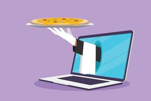 Character flat drawing hands out of laptop computer screen with tray open to serve delicious Italian pizza. Digital app order. Online food delivery service concept. Cartoon design vector illustration