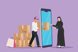 Cartoon flat style drawing male courier deliver box package and through smartphone screen to Arabian female customer. Online delivery service. Online store metaphor. Graphic design vector illustration