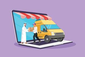 Graphic flat design drawing delivery box car comes out partly from laptop screen and male courier give package box to Arabian man customer. Online delivery transport. Cartoon style vector illustration