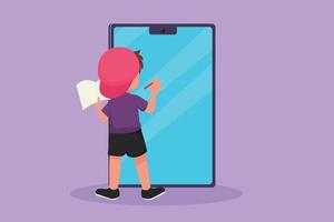 Graphic flat design drawing back view of pre schooler boy student writing on giant smartphone screen like he was writing on whiteboard. Little kid learning metaphor. Cartoon style vector illustration