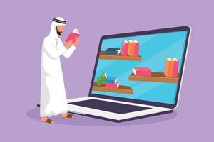 Character flat drawing young Arab man college student reading book while standing in front of laptop computer with bookshelf on screen. Digital education technology. Cartoon design vector illustration