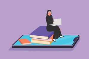 Character flat drawing beautiful Arabian female college student sitting on pile of book while typing laptop on smartphone screen. Learning online education concept. Cartoon design vector illustration