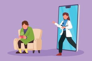 Graphic flat design drawing female patient having fever sitting on sofa, using blanket, hold mug and there is female doctor walking out of smartphone with clipboard. Cartoon style vector illustration