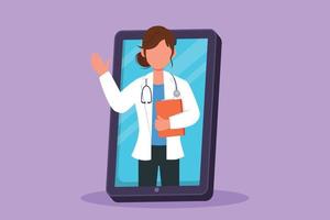 Cartoon flat style drawing smart female doctor come out of smartphone screen holding clipboard. Online medical app service. Digital healthcare consultation metaphor. Graphic design vector illustration