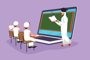 Character flat drawing Arab male teacher standing in front of laptop computer screen holding book and teaching junior high school student sitting on chair near desk. Cartoon design vector illustration