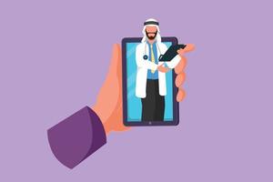 Character flat drawing hand holding smartphone and there is Arab male doctor coming out of smartphone screen holding clipboard. Online digital consultation concept. Cartoon design vector illustration