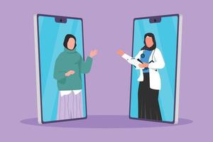 el dibujo plano del personaje dos teléfonos inteligentes cara a cara contiene una paciente árabe que habla en línea con una doctora mientras sostiene el portapapeles. médico digital o en línea. ilustración vectorial de diseño de dibujos animados vector