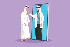 Graphic flat design drawing young Arab male doctor comes out of smartphone screen and check male patient heart rate using stethoscope. Online doctor medical metaphor. Cartoon style vector illustration