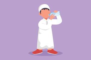 Graphic flat design drawing adorable Arab little boy standing while holding and enjoying bottle of fresh milk to fulfill his body nutrition. Child health and growth. Cartoon style vector illustration