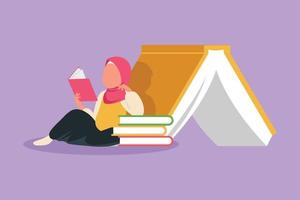 Cartoon flat style drawing Arab little girl reading, learning and leaning on pile of big books. Study at school. Smart student get education. Intellectual knowledge. Graphic design vector illustration