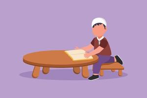 Cartoon flat style drawing little boy reading and studying on table with stationery. Arab kid doing homework from school. Intelligent student. Education knowledge. Graphic design vector illustration