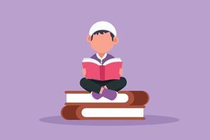 Cartoon flat style drawing Arab little boy reading, learning, sitting on big book. Studying in library. Smart student sitting on pile of books, education, book fair. Graphic design vector illustration