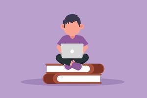 Cartoon flat style drawing adorable little boy typing on laptop computer on his lap and sitting on pile of big book. Student studying online learning or education. Graphic design vector illustration