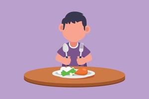 Cartoon flat style drawing of little kid eating healthy morning breakfast food. Happy child eat delicious food with fried chicken at home. School boy enjoying dish. Graphic design vector illustration