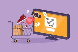 Character flat drawing of monitor screen and shopping cart with products purchased online. E-commerce and digital marketing. Order to cart. Online store technology. Cartoon design vector illustration