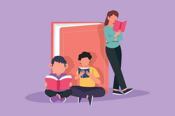 Graphic flat design drawing friendly family reads books together. Woman standing and lean on big book. Children are sitting on floor. Concept of joint family reading. Cartoon style vector illustration