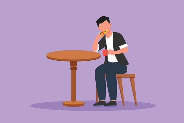 Cartoon flat style drawing happy man eating slice of Italian pizza and holding cup of coffee. Young male having tasty lunch dish and sitting at table in restaurant. Graphic design vector illustration Cartoon flat style drawing happy man eating slice of Italian pizza and holding cup of coffee. Young male having tasty lunch dish and sitting at table in restaurant. Graphic design vector illustration