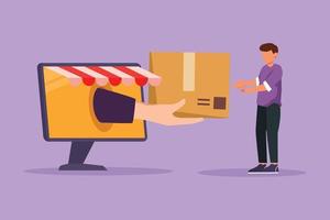 Cartoon flat style drawing of young man receives package box from big hand that came out of large canopy monitor computer screen. Digital delivery and online store. Graphic design vector illustration