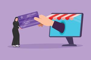 Cartoon flat style drawing beauty Arabian female inserting credit card into large canopy monitor screen and accepted by big hand. Digital payment and online store. Graphic design vector illustration