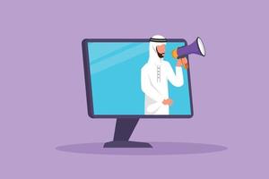 Graphic flat design drawing Arab man coming out of monitor computer screen holding megaphone. Offering product with discount or sale. Digital marketing online store. Cartoon style vector illustration