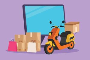 Character flat drawing giant computer monitor screen in front of courier scooter with cardboard and pile of package boxes. Online delivery service transport concept. Cartoon design vector illustration