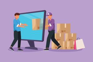 Cartoon flat style drawing of male courier deliver box package and through computer monitor screen to male customer. Online delivery service. Online store metaphor. Graphic design vector illustration