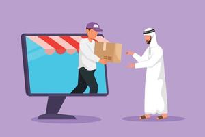 Cartoon flat style drawing young male courier comes out of canopy monitor computer screen and give package box to Arab man customer. Fast respond in online delivery. Graphic design vector illustration
