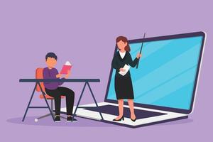 Cartoon flat style drawing of female teacher standing in front of laptop screen holding book and teaching male junior high school student sitting on chair near desk. Graphic design vector illustration
