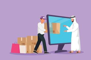 Cartoon flat style drawing male courier deliver box package and through computer monitor screen to Arab man customer. Online delivery service. Online store metaphor. Graphic design vector illustration