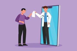 Graphic flat design drawing young man patient receiving prescription from male doctor coming out of smartphone screen. Online medical healthcare consultation concept. Cartoon style vector illustration