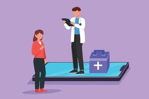 dibujos animados de estilo plano dibujando a un médico masculino parado en una gran pantalla de teléfono inteligente y hablando con una paciente. servicio de atención médica digital en línea y consulta. ilustración vectorial de diseño gráfico