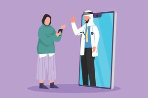 Cartoon flat style drawing Arab female patient holding cell phone standing facing giant smartphone and consulting male doctor. Doctor online or digital healthcare. Graphic design vector illustration