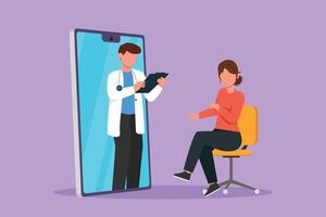 Graphic flat design drawing young male doctor come out of smartphone screen, holding clipboard, checking condition of female patient sitting on chair. Online medical. Cartoon style vector illustration