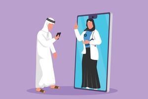 Cartoon flat style drawing male patient holding smartphone standing facing smartphone screen and consulting Arab female doctor. Doctor online or digital healthcare. Graphic design vector illustration