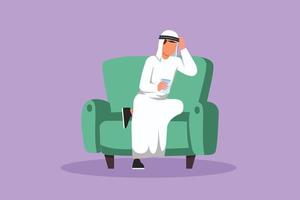 Cartoon flat style drawing Arabian man sitting on couch and resting, drinking tea. Male manager relaxing and holding glass of coffee. Enjoying break time at office. Graphic design vector illustration