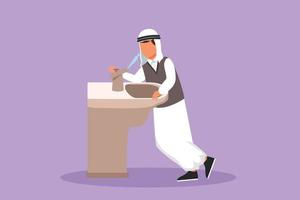 Character flat drawing young Arab businessman who is thirsty drinking at the ready-to-drink taps that are widely available in public spaces. Healthy and freshness. Cartoon design vector illustration