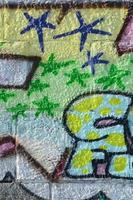 Fragment of graffiti drawings. The old wall decorated with paint stains in the style of street art culture. Colored background texture in green tones photo