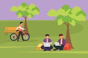 dibujos animados de estilo plano dibujando a un joven hombre de negocios que usa una computadora portátil y se sienta en la hierba en el parque. equipo independiente trabajando o estudiando juntos. hombre caminando con su bicicleta. ilustración vectorial de diseño gráfico vector