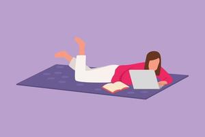 Cartoon flat style drawing young female character lying on floor and typing on laptop keyboard. Working from home with woman using computer. Girl studying at home. Graphic design vector illustration