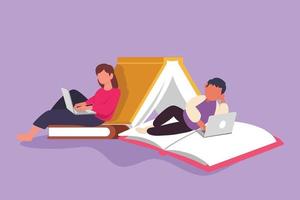 Cartoon flat style drawing smart couple with laptop computer leaning on pile of book together. Freelance, distance learning, online courses. Man and woman studying. Graphic design vector illustration