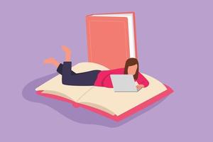 Character flat drawing of woman freelancer works at laptop lying on big book. Remote female worker working at home. Job freelance. Girl student at online education. Cartoon design vector illustration
