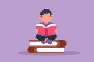 Cartoon flat style drawing little boy reading, learning and sitting on big books. Studying in library. Smart student sitting on pile of books, education, book fair. Graphic design vector illustration